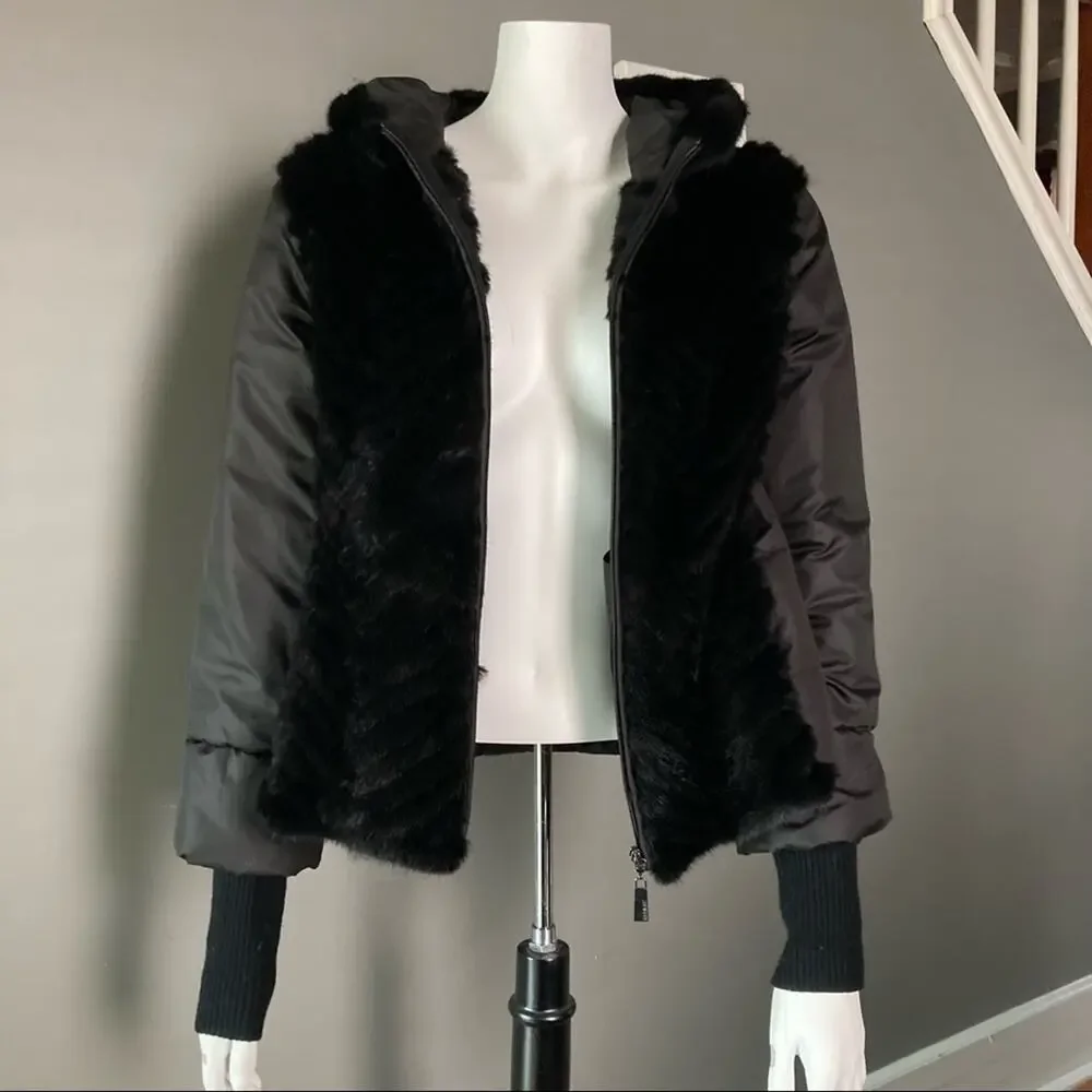 Max & Moi‎ Paris fur quilted hooded puffer bomber jacket black sweater sleeve